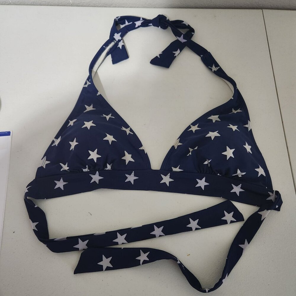 Womens Navy Blue Bikini Top With White Stars Halter Tie Style Triangle Cups Swim